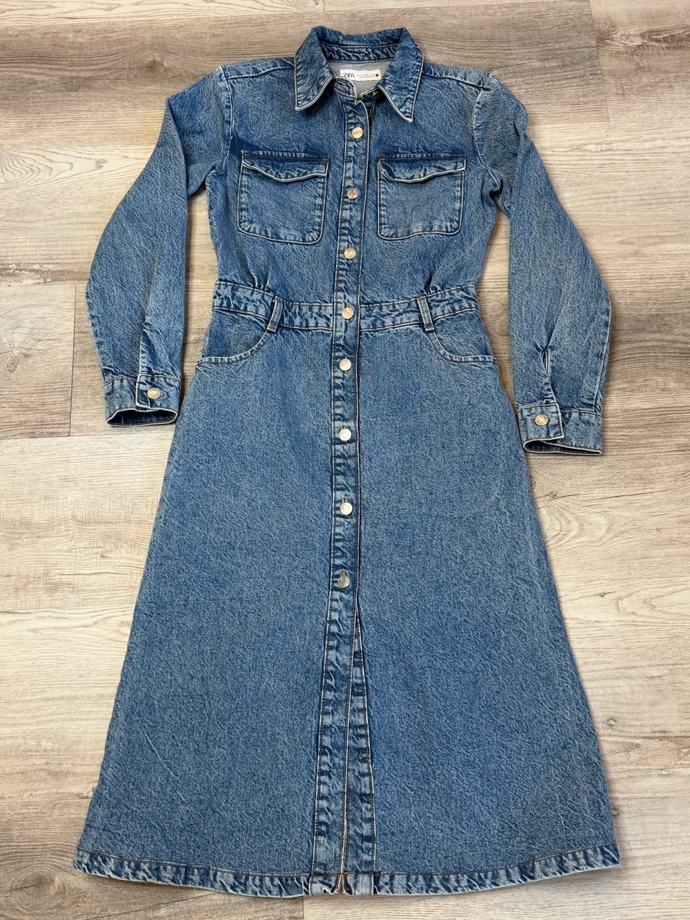 Zara Z1975 Denim Midi Shirt Dress Medium Wash Blue Size XS Long Sleeves Western